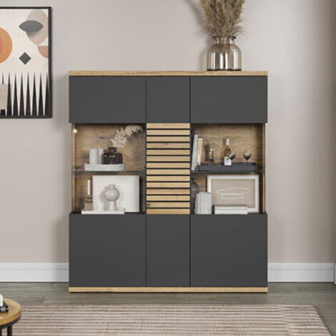 Ebuy24 – Buffet haut vitré 3 portes 131 cm – Largeur 37 cm – Hauteur 146 cm – Panneaux mélaminés gris anthracite et chêne blond – Système soft-close