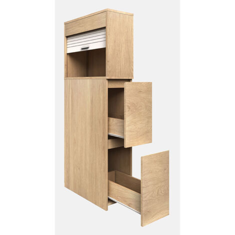 Ebuy24 – Meuble de rangement de salle de bain diviseur tiroir Tasalo H. 131 x L. 25 x P. 48 cm – Compartiment ouvert avec volet roulant – Deux tiroirs lisses