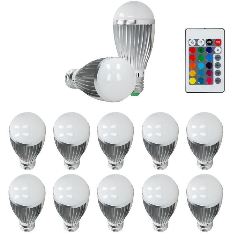 

10-pack E27 Bombilla LED RGB 9W DIMMBAR REGULABLE AC 220-240V 16 colores hasta 845 lúmenes 120 ° ángulo de haz incl. Control remoto IR con 24 botones