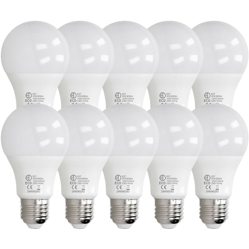 

10 x LED Bombilla globo LED 12W E27 - 3000 Kelvin - Ángulo de haz 270 ° - 800 lúmenes - Blanco cálido - 220-240 V - EEK A + - Bombillas casquillo