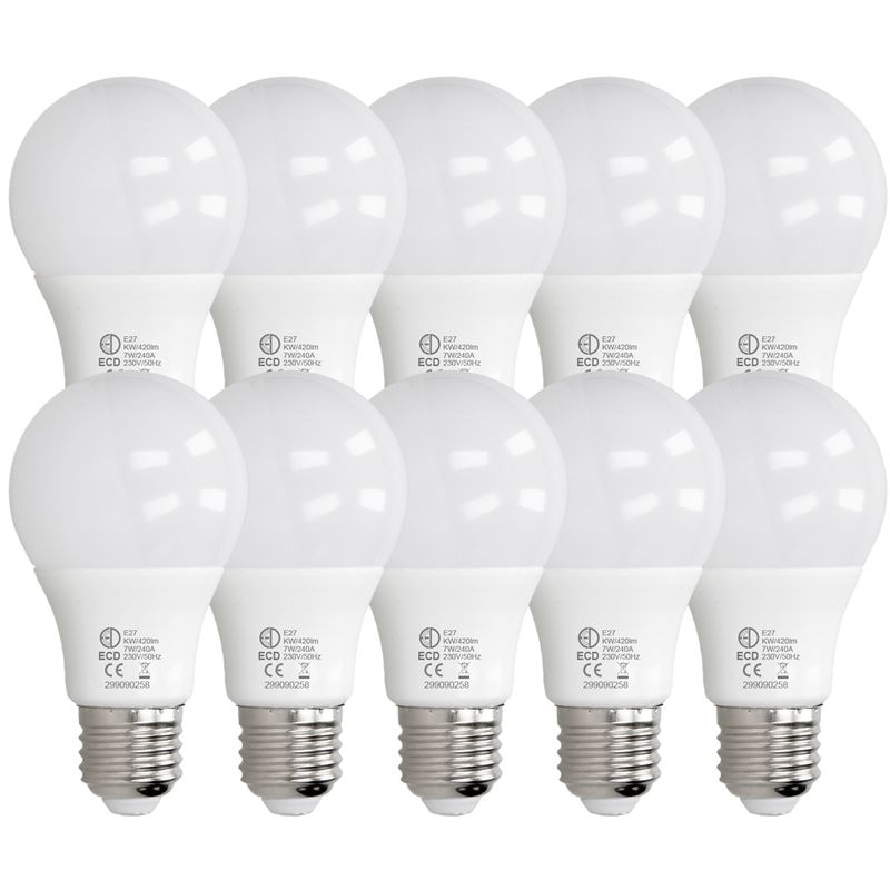 

10 x LED Bombilla globo LED 7W E27 - 6000 Kelvin - Ángulo de haz 270 ° - 420 lúmenes - Blanco frio - 220-240 V - EEK A + - Bombillas casquillo