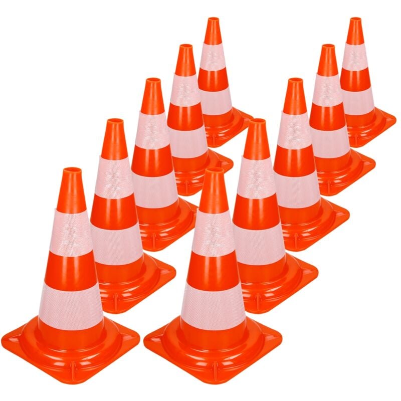 10x Cônes Signalisation Pylône, 47cm, pvc solide, Orange/Blanc, Triangle de Circulation, Marqueur Attention Sécurité, avec 2 Bandes Réfléchissantes,