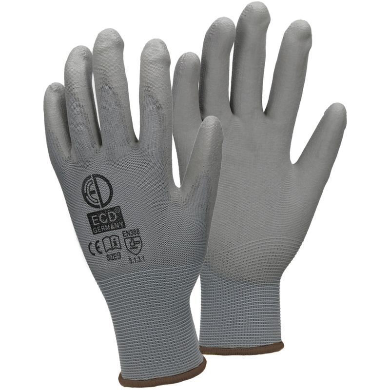 

ECD Germany 120 Pares Guantes de trabajo con revestimiento de PU Talla 9-L, Nylon Color Gris Guantes de protección Ideal para Constructores,