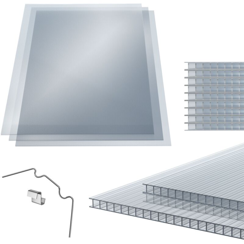 Ecd Germany - 14x Plaques Alvéolaires en Polycarbonate 4 mm, 1210x605 mm, 10,24 m², 50x Pinces + 50x Clips en z, Antichoc & Résistant aux uv,