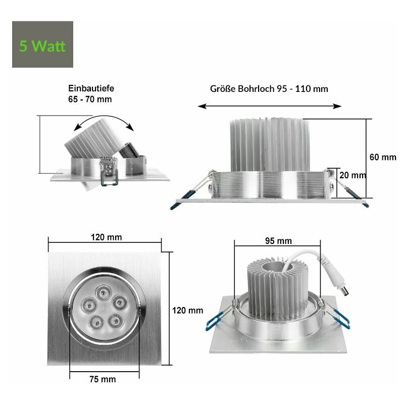 

20 x 5W 220-240V 12 x 12 cm Proyector empotrable LED DIMMBAR REGULABLE 339 Lumen blanco cálido 3000K Proyector cuadrado - Ecd Germany