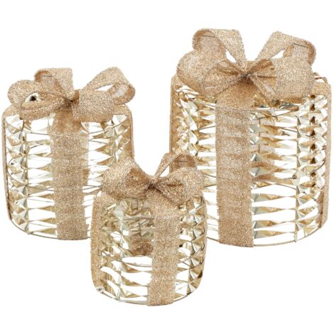 ECD Germany 3er Set LED Geschenkboxen mit 135 warmweißen LEDs, Gold, Drahtgestell, Weihnachtsdeko Innen, Beleuchtete Geschenkbox batteriebetrieben mit Timer, Weihnachtsgeschenkbox Weihnachtsbaum Box