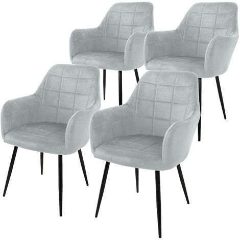 ECD Germany 4er Set Esszimmerstühle mit Rücken- und Armlehnen, Grau, Küchenstühle mit Samtbezug, Polsterstühle mit Metallbeinen, Ergonomische Stühle für Esstisch, Wohnzimmerstühle Esszimmerstuhl