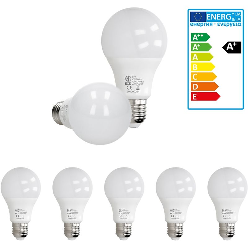 

5 x LED Bombilla globo LED 12W E27 - 6000 Kelvin - Ángulo de haz 270 ° - 800 lúmenes - Blanco frio - 220-240 V - EEK A + - Bombillas casquillo