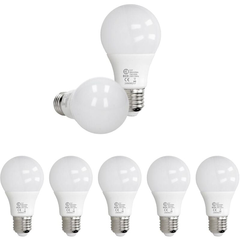 

5 x LED Bombilla LED 7W E27 - 4000 Kelvin - Ángulo de haz 270 ° - 420 lúmenes - Blanco neutro - 220-240 V - EEK A + - Bombilla de luz bombilla de