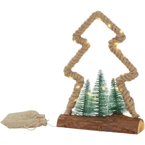 ECD Germany Albero di Juta con Illuminazione a LED 23x6,5x30 cm Albero di Natale Decorativo con 30 LED Bianco Caldo 3 Abeti Funzionamento a Batteria e Timer 6 ore Decorazione Natalizia Interna