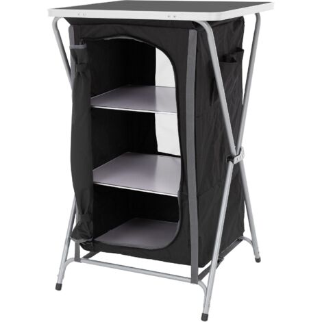 ECD Germany Armoire de Camping Pliable, 60x97,5x53 cm, Structure en Aluminium, Tissu Noir, Portable, 3 Étagères et Sac de Transport, Boîte de Cuisine avec Plan de Travail, Chariot Service de Plein Air