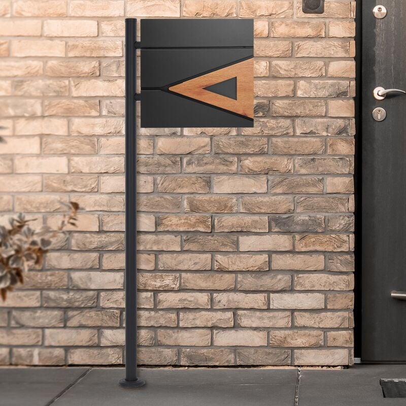 Ecd Germany Boîte aux Lettres Moderne sur Pied avec Compartiment à Journaux, Anthracite/Triangle Aspect Bois, 120 cm, en Acier Inoxydable Revêtu par