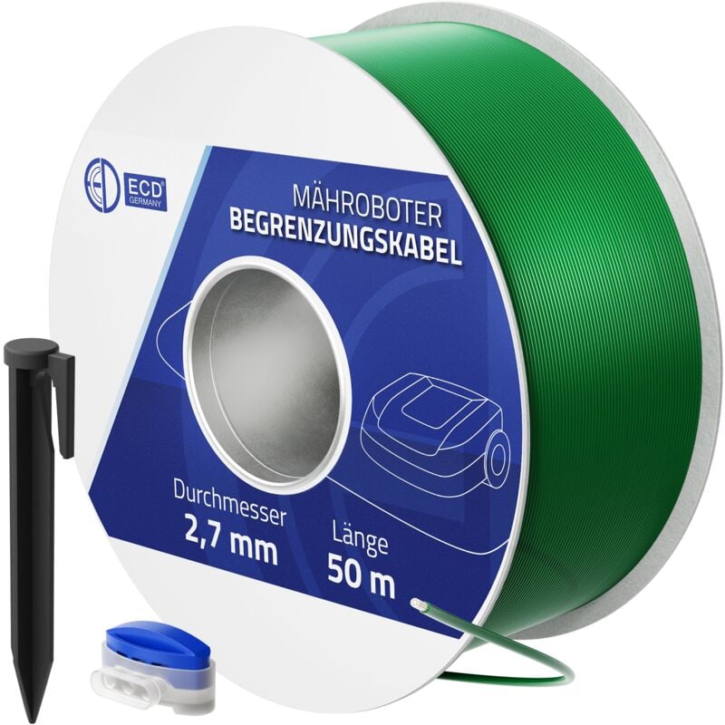 Ecd Germany - Câble Périphérique Universel pour Tondeuse-Robot, 50m, 12 Connecteurs de Câble + 200 Piquets de Terre, ø 2,7 mm, Fils d'Aluminium