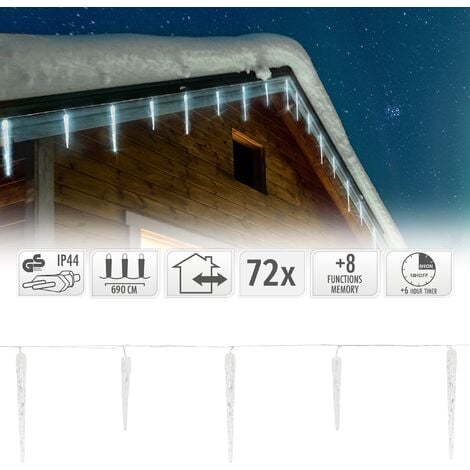 ECD Germany Cadena De Luces De 72 Carámbanos LED Blanco Frío 6,9m + 5m De Cable 8 Modos De Luz Temporizador Impermeable IP44 PVC Interior/Exterior Decoración Iluminación Navideña Guirnalda Navidad