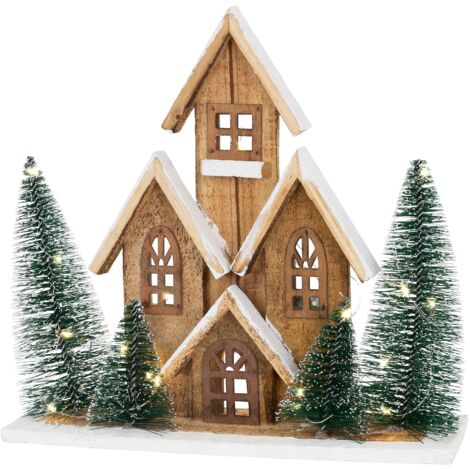 ECD Germany Casa de Navidad de Madera con Iluminación LED Blanco Cálido 32x9x30 cm a Pilas con Temporizador, Hogar Decorativo con Pinos y Nieve, Escena Navideña Casita de Invierno para Interior