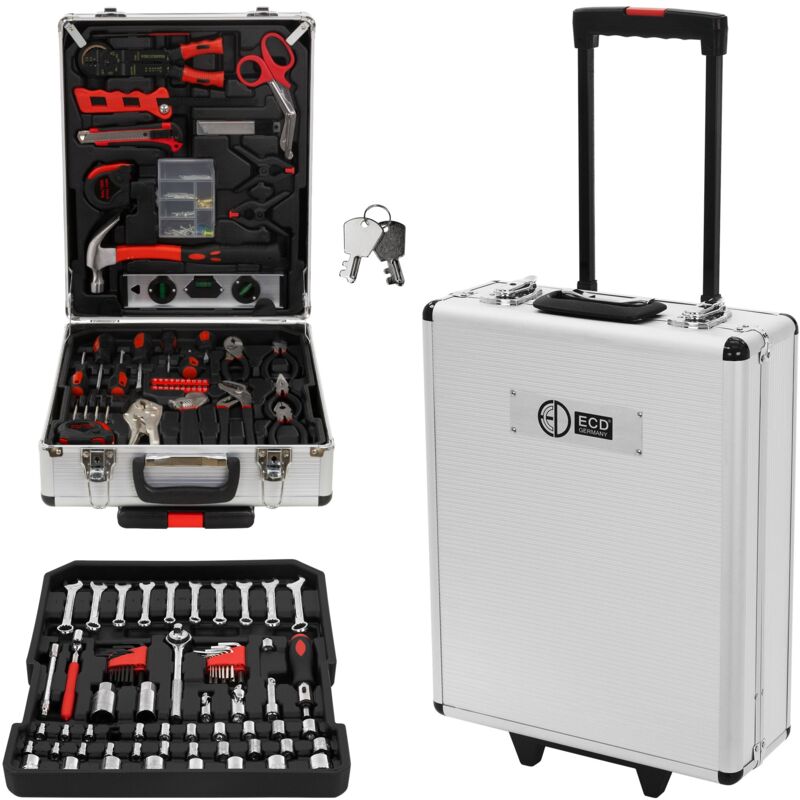 Ecd Germany - Mallette Coffre à Outils avec Roulettes, 180 Pièces, Argent, en Aluminium/Acier au Chrome-Vanadium, 4 Niveaux, avec Poignée, Caisse