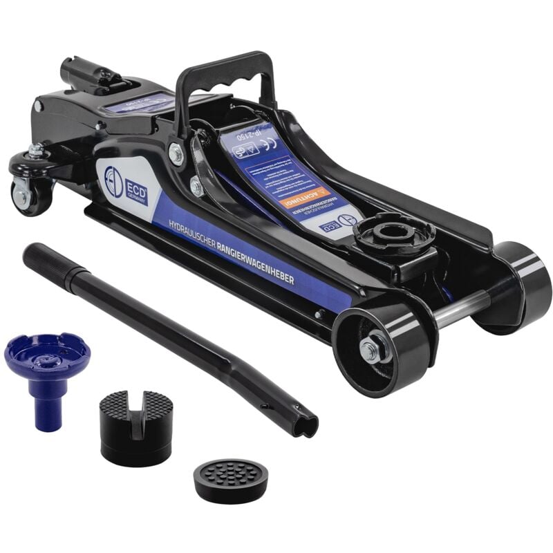 Ecd Germany - Cric Hydraulique 2,5 Tonnes, Hauteur de Levage Plate 80-360 mm, avec 2 Supports en Caoutchouc et 1 Support de Surélévation, Roues