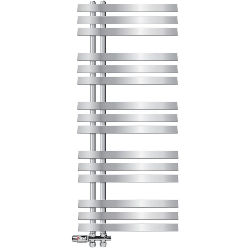 Radiateur de Salle de Bain Iron em 500x1200 mm Chrome Raccord Central au Bas avec Garniture de Raccordement Forme Passage au Sol et Thermostat,