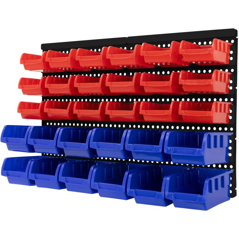 Etagère à Outils Murale avec 30 Boîtes de Rangement Empilables Bleu-Rouge, 18 Petits/12 Grands Bacs avec Compartiment pour Étiquettes, Étagère