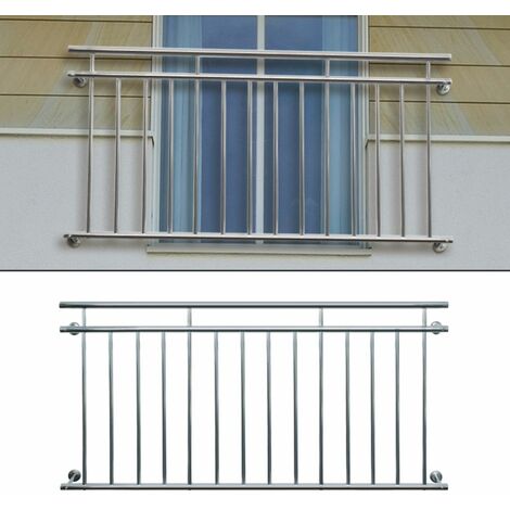 ECD Germany Französischer Balkon 90 x 156 cm mit 11 Füllstäben glänzend aus Edelstahl Balkongeländer Balkongitter Fenstergitter