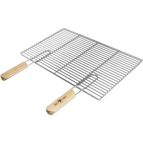 ECD Germany Grille de Barbecue BBQ 54x34 cm en Acier Inoxydable Double Manche Poignées en Bois Rectangulaire Solide / Stable Antirouille pour Steaks Poissons Légumes Grille Portable Maison et Camping