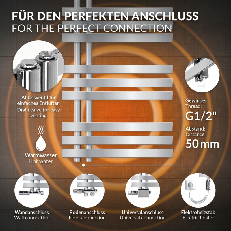 ECD Germany Radiador toallero el/éctrico de toallas 750 x 1500 mm Cromo Dise/ño curvado con conexi/ón lateral Secador de toallas 1200W