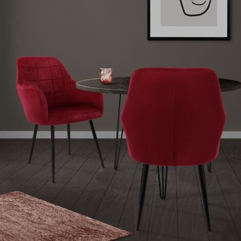 ECD Germany Juego de 2 Sillas de Comedor con Respaldo y Reposabrazos Asiento de Terciopelo Granate Nórdico con Patas de Metal Asiento de Cocina Sala de Estar Escritorio