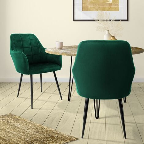 ML-DESIGN ECD Germany Juego de 2 Sillas de Comedor con Respaldo y Reposabrazos Verde Oscuro Asiento de Terciopelo Tapizado Sillón con Patas de Metal Negro Muebles Decorativos Diseño Moderno Ideal para el Hogar