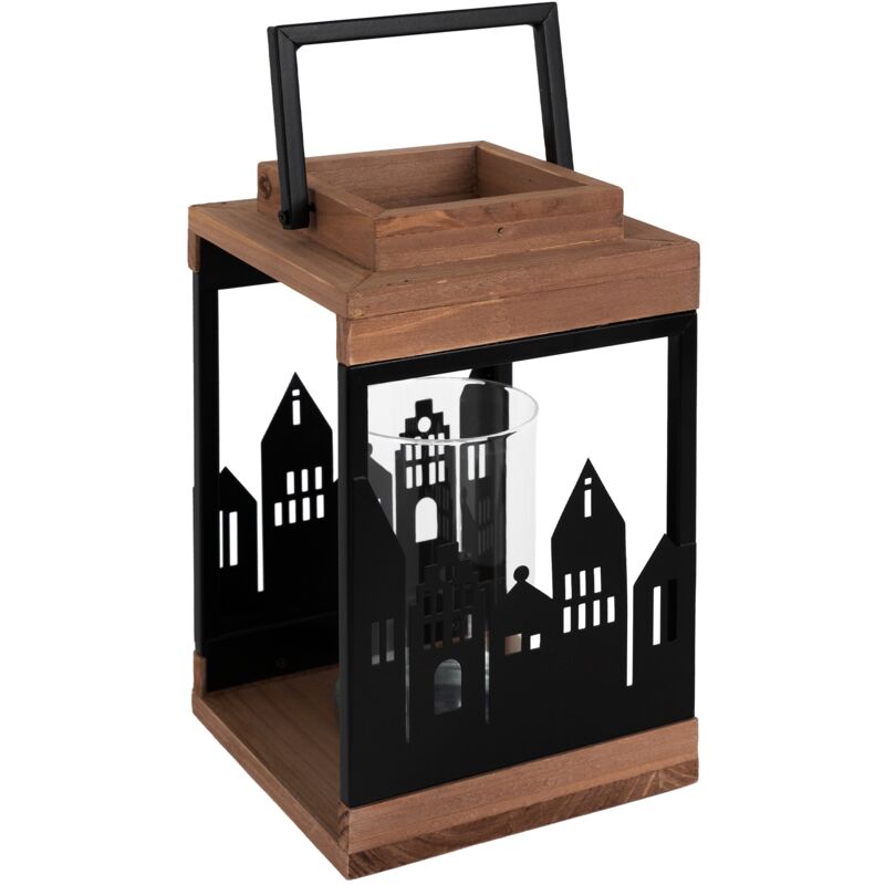 Lanterne en Bois Naturel 22 cm, Métal/Verre, Lanterne de Jardin Décorative avec Bougeoir et Anse, Motif Urbain, Décoration de Noël, Ornement