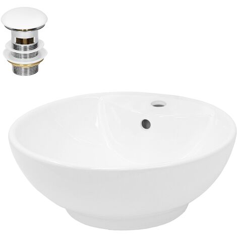 ECD Germany Lavabo Cerámico Blanco Redondo Ø 455 x 185 mm para Baño con Juego de Desagüe con Rebosadero Agujero de Conexión Estandar Lavamanos Sobre Encimera Diseño Moderno Fregadero Pila con Drenaje