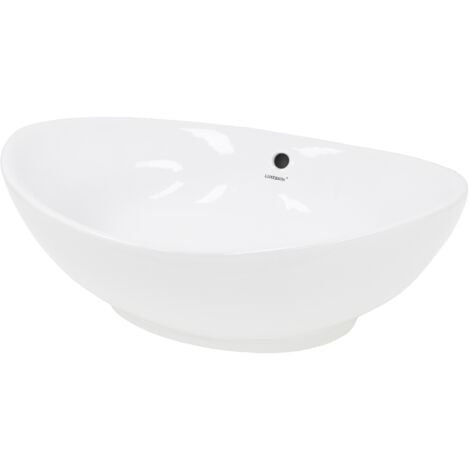ECD Germany Lavabo Ovalado Cerámica Con Agujero Grifo - Blanco - Aseo Lavamanos Sobre Encimera -  590 X 390 X 200 mm - Diseño Moderno - Pila Sin Desbordamiento Desagüe Para El Cuarto De Baño