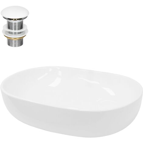 ECD Germany Lavabo per Bagno da Appoggio 600 x 420 x 145 mm in Ceramica Bianca incl. Piletta di Scarico per Lavandini senza Troppopieno Lavello Ovale Sanitari per Bagno