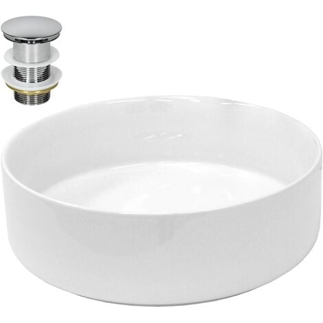 ECD Germany Lavabo Salle de Bain - Ø 355 x 120 mm - en Céramique - Ronde - Blanc - Lave-Mains Évier - Lavabo Vasque à Poser sur Meuble - Design Moderne - avec Kit de Vidange sans Trop-plein