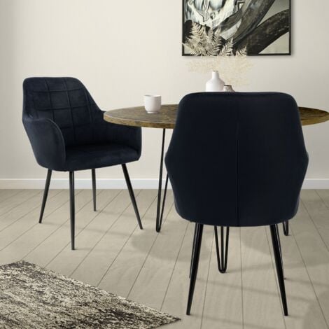 ECD Germany Lot de 2 Chaises de Salle à Manger Cuisine Salon Séjour - Noir - Assise Siège Rembourrée en Velours Structure en Métal Fauteuil Rétro avec Accoudoirs pour Bureau Réception Meuble Maison