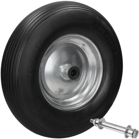 ECD Germany Schubkarrenrad aus pannensicherem PU Vollgummi, Ersatzrad Gummirad mit Achse, 4.80/4.00-8, Durchmesser 390 mm, Schwarz, 200kg, Reifen mit Stahlfelge, Rad Reifen für Schubkarre Gartenkarren