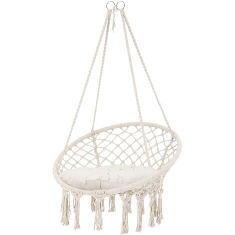 ML-DESIGN ECD Germany Sedia Sospesa con Cuscino Imbottito in Cotone Crema Ø 60 cm Peso Massimo Supportato 120 kg Poltrona Appesa da Interno / Esterno per Terrazza Giardino Effetto Macramè