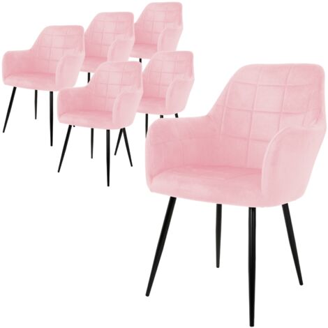 ECD Germany Set 6 x Sedia da Pranzo Rosa Poltrone Imbottite in Velluto - Stile Design Retro Vintage Scandinavo - Gambe in Metallo - per Sala da Pranzo Soggiorno Cucina o Ufficio