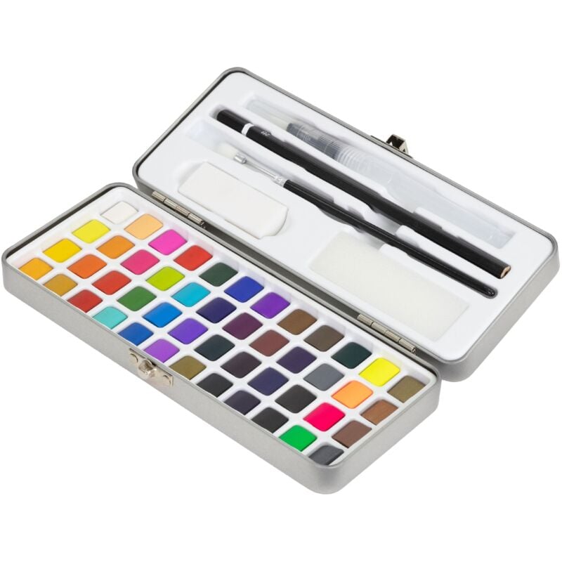 Set d'Aquarelle 48 Couleurs Métalliques/Fluorescentes, Boîte Portable, Pinceau, Crayon 2B, Crayon Aquarelle, Gomme, Èponge, Palette Complète, Kit de
