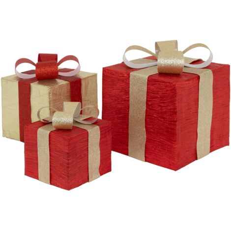 ECD Germany Set de 3 Boîtes Cadeaux LED avec 90 LED Blanc Chaud, Rouge-Or, Structure en Fil Métallique, Décoration de Noël Intérieure, Boîte Cadeau Illuminée Fonctionnant sur Piles avec Minuterie