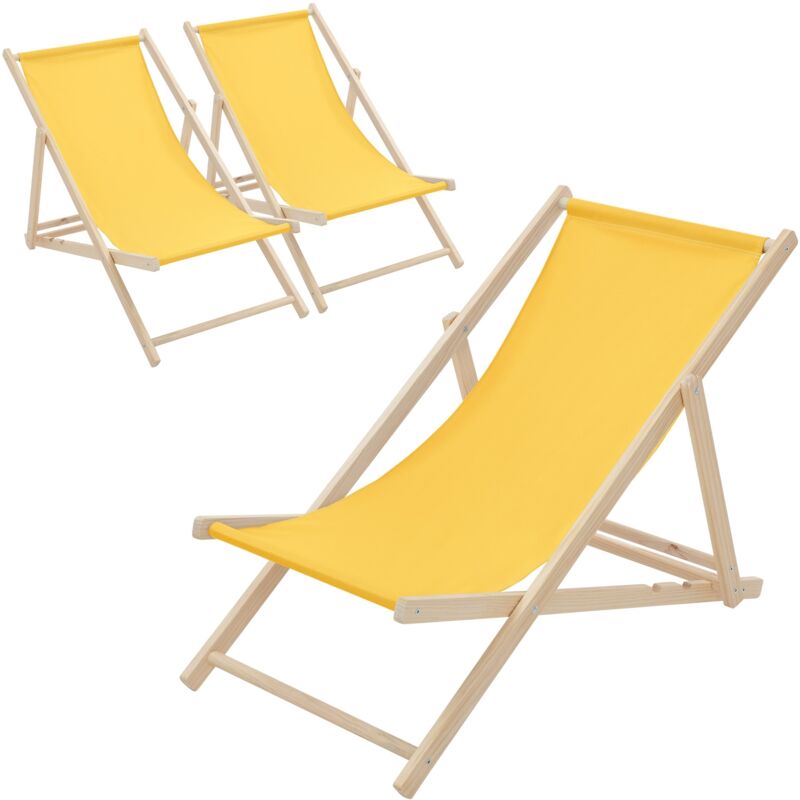 Ecd Germany - Lot de 3 Chaises Longues Pliantes en Bois Chiliennes, Jaune, Dossier Réglable, 3 Positions de Couchage, jusqu'à 120kg, Bain de Soleil