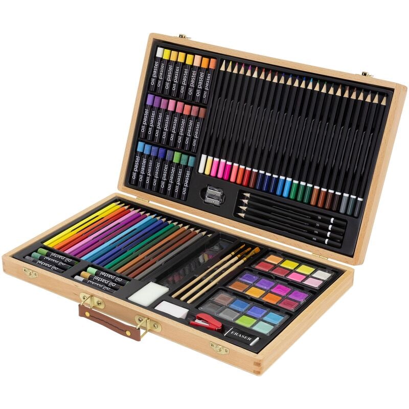 Ecd Germany - Set de Peinture de 109 Pièces avec Coffret en Bois, Kit d'Art Dessin Enfants, Crayons de Couleur, Pastels à l'Huile, Aquarelles,