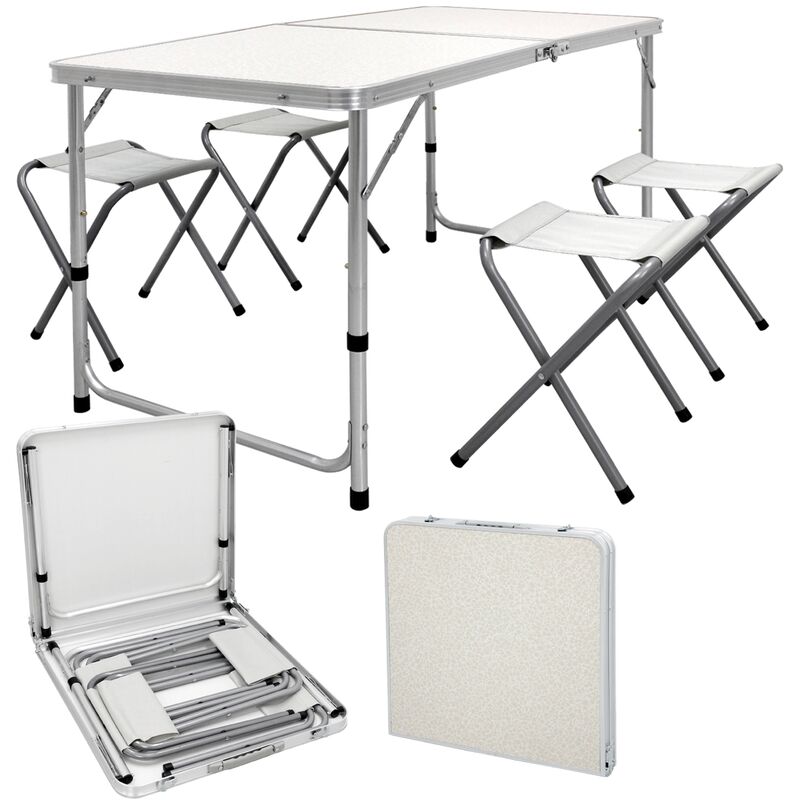 Set de table de camping avec 4 tabourets - 120 x 60 x 55/63/70 cm - hauteur réglable - charnières - blanc / crème - en aluminium et mdf - table