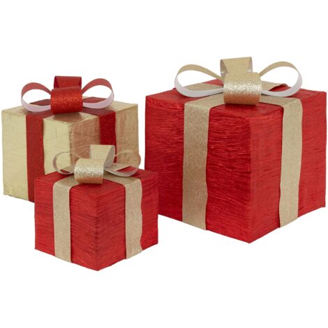 ECD Germany Set di 3 Scatole di Regalo con 90 LED Bianco Caldo Rivestimento in Poliestere Rosso Oro Struttura Metallica Decorazione Natalizia per Interno a Batterie con Funzione Timer