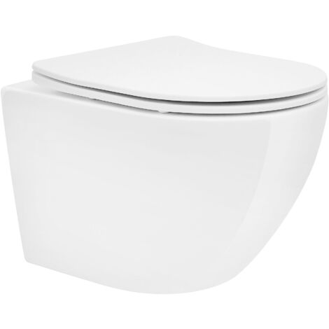 ECD Germany Spülrandloses Hänge WC kurz 49cm Weiß glänzend, Toilette aus Keramik mit Antibakterieller Oberfläche, Abnehmbarer WC Sitz aus Duroplast mit Absenkautomatik Softclose, Tiefspüler-WC Wand-WC