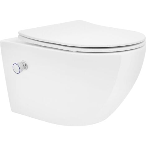 ECD Germany Spülrandloses Wand Hänge Dusch WC Weiß lang aus Keramik mit Bidet-Funktion, Wand WC mit WC-Sitz Soft-Close Absenkautomatik Toilettensitz Duroplast abnehmbar,  Tiefspüler WC Hänge Toilette