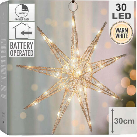 ECD Germany Stella di Natale 30 cm con 30 LED Colore della Luce Bianco Caldo in Metallo Oro Decorazione Natalizia da Appendere con Illuminazione Decorativa Timer per Interno a Batterie