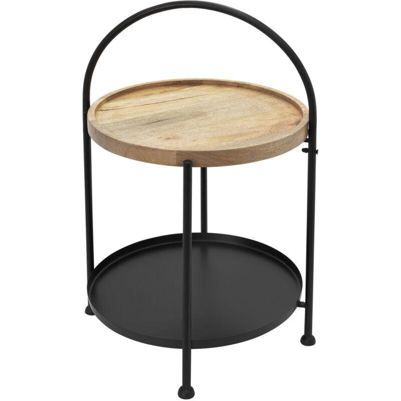 Ecd Germany - Table d'Appoint Ronde ø 38 x 55 cm, en Métal/Bois, Noir/Naturel, Pliable, 2 Plateaux Amovibles, Table Basse à 2 Niveaux, Table de Salon