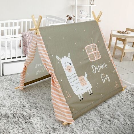 AUTRES ECD Germany Tente de Tipi pour Enfants - Tente Indienne - 117 x 108 x 105 cm - Intérieur / Extérieur - Gris Chaud - Panneaux de Porte Rayés Blanc-Rose - Y Compris Sac de Rangement - pour Maison