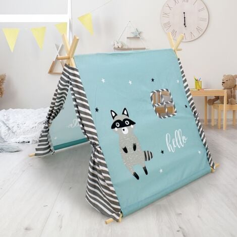 ECD Germany Tente Tipi Jeu pour Enfants 117x108x105 cm avec Fenêtre 100% Polyester Turquoise, Gris et Blanc Lavable à la Main Portes avec Fermeture Velcro pour Intérieur/Extérieur