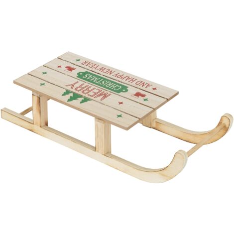 ECD Germany Trineo Decoración Navideña de Madera, 42x16cm Marrón Natural Iluminación LEDs Blanco Cálido, Adorno Navideño, Función con Pilas, Accesorio Festivo Ornamento Original para Árbol de Navidad